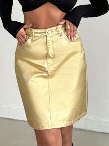 SHEIN Cottnline Women's Short Metallic Fabric Denim Skirt - Gold - View 5
