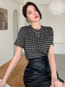 女士格紋圓領短袖t卹 - 黑色 - 查看 6