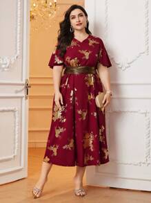 Modelyn 女性大尺碼花卉印花荷葉邊袖裙 - 紅色 - 查看 4