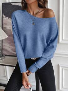 SHEIN LUNE Suéter de cuello redondo de manga larga de punto para otoño e invierno - Azul - Ver 6