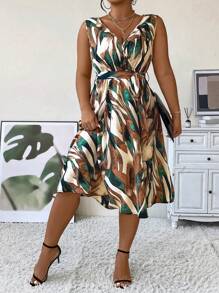 Breezaya Plus Size Sleeveless Full Print Belted Dress - Dark Green - View 5