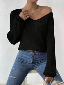 EMERY ROSE V Neck Raglan Sleeve Ribbed Knit Sweater,Long Sleeve Tops Knit Pullover Fall Winter Sweater - Black - View 8