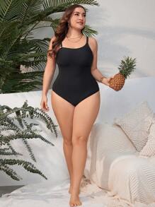 SHEIN Swim Curve 大尺碼女式連身吊帶泳衣 - 黑色 - 查看 4