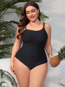 SHEIN Swim Curve 大尺碼女式連身吊帶泳衣 - 黑色 - 查看 5