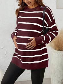 SHEIN Thai sản Sọc Thả vai Tay áo dài Áo len - Màu Đỏ Sâu - Xem 6