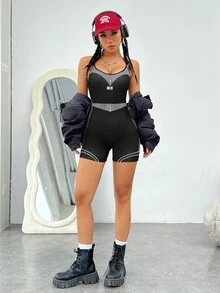 SHEIN Coolane 机车风撞色条纹无袖连身裤 - 黑色 - 查看 5