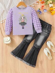 SHEIN 少女身形印花上衣和牛仔效果喇叭裤 - 紫色 - 查看 1