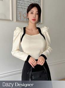 Dazy Designer 女士拼色泡泡袖毛衣、荷叶边、秋装 - 米色 - 查看 1