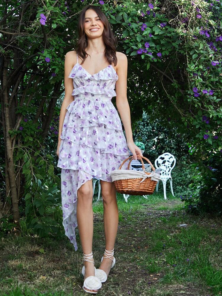 Floral Printed Multi-Layer Ruffle & Spaghetti Strap Dress