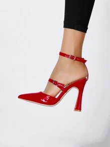 女性尖頭紅色高跟鞋，尖頭針跟和漆皮，適用於派對 - 紅色 - 查看 4