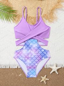 SHEIN Tween Girl One-Piece Swimsuit With Mermaid Scales Print, Hollow Out Detail And Patchwork Design Summer Holiday - Multicolor - View 1