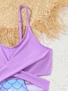 SHEIN Tween Girl One-Piece Swimsuit With Mermaid Scales Print, Hollow Out Detail And Patchwork Design Summer Holiday - Multicolor - View 4