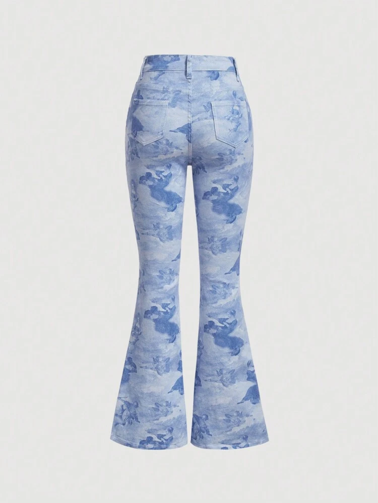 Jeans With Character Print Flared Hem