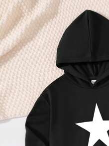 SHEIN 男孩寬鬆休閒連帽衫,帶星星圖案和下垂肩設計 - 黑色 - 查看 4