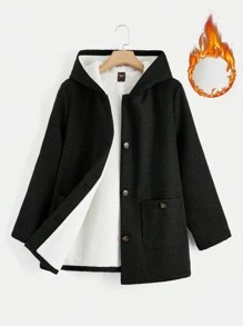 SHEIN CURVE+ Women'S Plus Size Hooded Fleece Jacket - Black - View 1