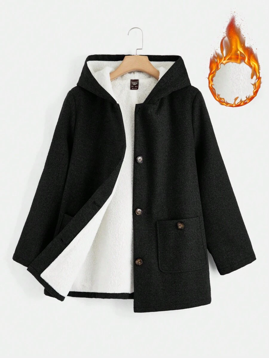 SHEIN CURVE+ Women'S Plus Size Hooded Fleece Jacket - Black - View 1