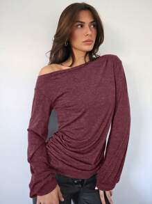SHEIN Essnce 女式斜肩長袖t恤 - 酒紅色 - 查看 5