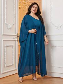 Modelyn 加大碼鑽石裝飾洋裝連夾克2件套 - 藍色 - 查看 6