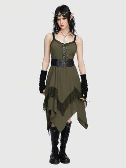 Vestido de mujer con tirantes cruzados, parches de encaje, dobladillo asimétrico y cinturón anudado