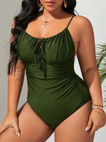 Swim Basics Traje De Baño De Una Pieza De Talla Grande Con Nudo En La Parte Delantera Y Copas Fruncidas