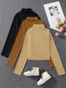 Tween 女孩純色立領休閒簡約 T 卹套裝,3 件 - 彩色 - 查看 4