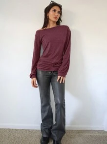 SHEIN Essnce 女式斜肩長袖t恤 - 酒紅色 - 查看 3