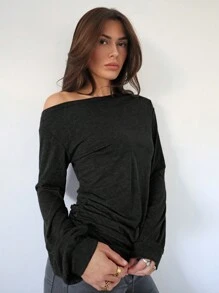 Siren Gaze Women Slash Shoulder Long Sleeve T Shirt,Black Long Sleeve Tops,Autumn Women's Clothing,Women's Clothing