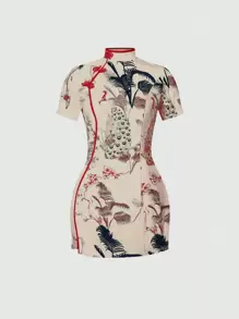 SHEIN Unity New Chinese Style Printed Dress With Buttoned Placket - Apricot - View 1