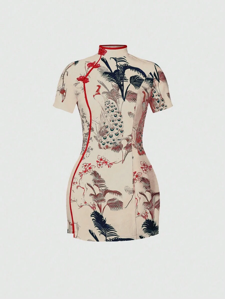 SHEIN Unity New Chinese Style Printed Dress With Buttoned Placket - Apricot - View 1