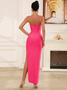 Modphy Rhinestone Strapless Slit High Thigh Bandage Bridesmaid Dress, Party Occasion Bandage Dress - Hot Pink - View 2