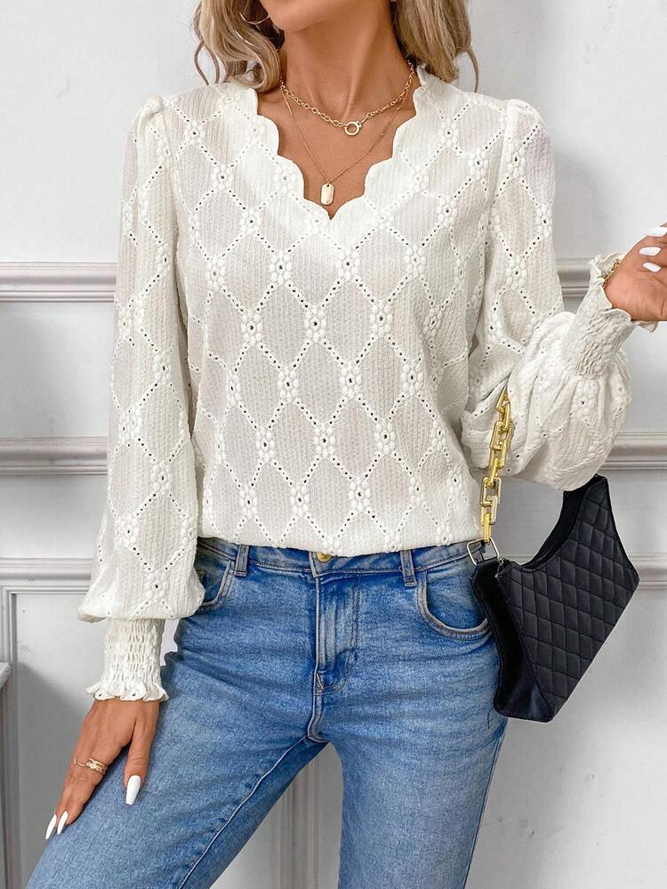 Women'S Grain Fabric V-Neck Shell Edge Hollow Out Embroidery Cuff Shirred Button Puff Sleeve Down Shirt Winter Casual