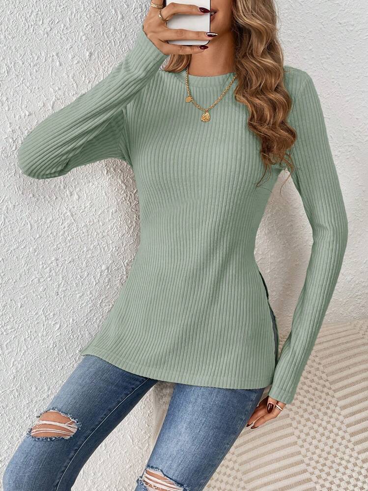 SHEIN Frenchy 纯色裂纹面料圆领下摆罗纹针织 T 恤 - 薄荷綠 - 查看 6