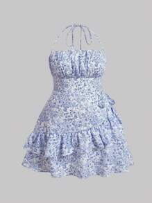 SHEIN MOD Plus Size Women Floral Printed Ruffle Hem Halter Neck Mini Dress, Summer,Beach Dress Sundress,Holiday Outfits Boho