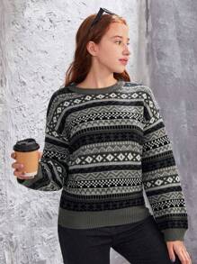 Teenage Girls' Geometric Pattern Long Sleeve Sweater - Dark Grey - View 5