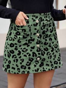Flirla Women's Plus Size Leopard Print Skirt - Army Green - View 3