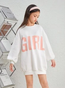 Tween 女孩寬鬆學院風圓領大字母印花衛衣連身裙 - 白色 - 查看 4