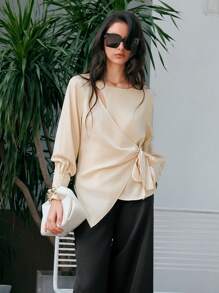 Anewsta 女士裹身領帶上衣 - 杏色 - 查看 4