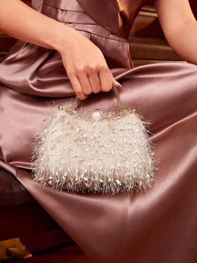 SHEIN Belle Plush,Luxury, Glamorous, Elegant, Exquisite,Feather & Rhinestone Decor Top Handle Box Bag,For Girls, Women,College Students,For Brides,Bridesmaid,Guests, For Party, Prom, Wedding.