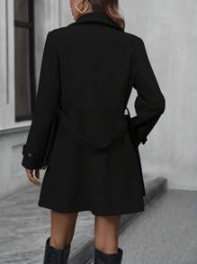 SHEIN 女雙排扣束帶羊毛大衣 - 黑色 - 查看 2