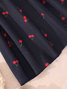 Teenage Girls' Cherry Print Navy Blue Belted Dress