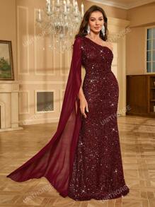 One Shoulder Chiffon Evening Dress With Draped Sleeve And Sequin Detail