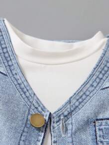 SHEIN Young Boy Solid Color Short Sleeve T-Shirt And Denim Effect Vest And Pants 2pcs Set