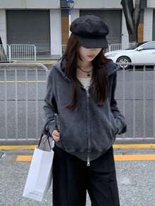 女深灰色水洗仿舊連帽運動衫夾克 - 深灰色 - 查看 5