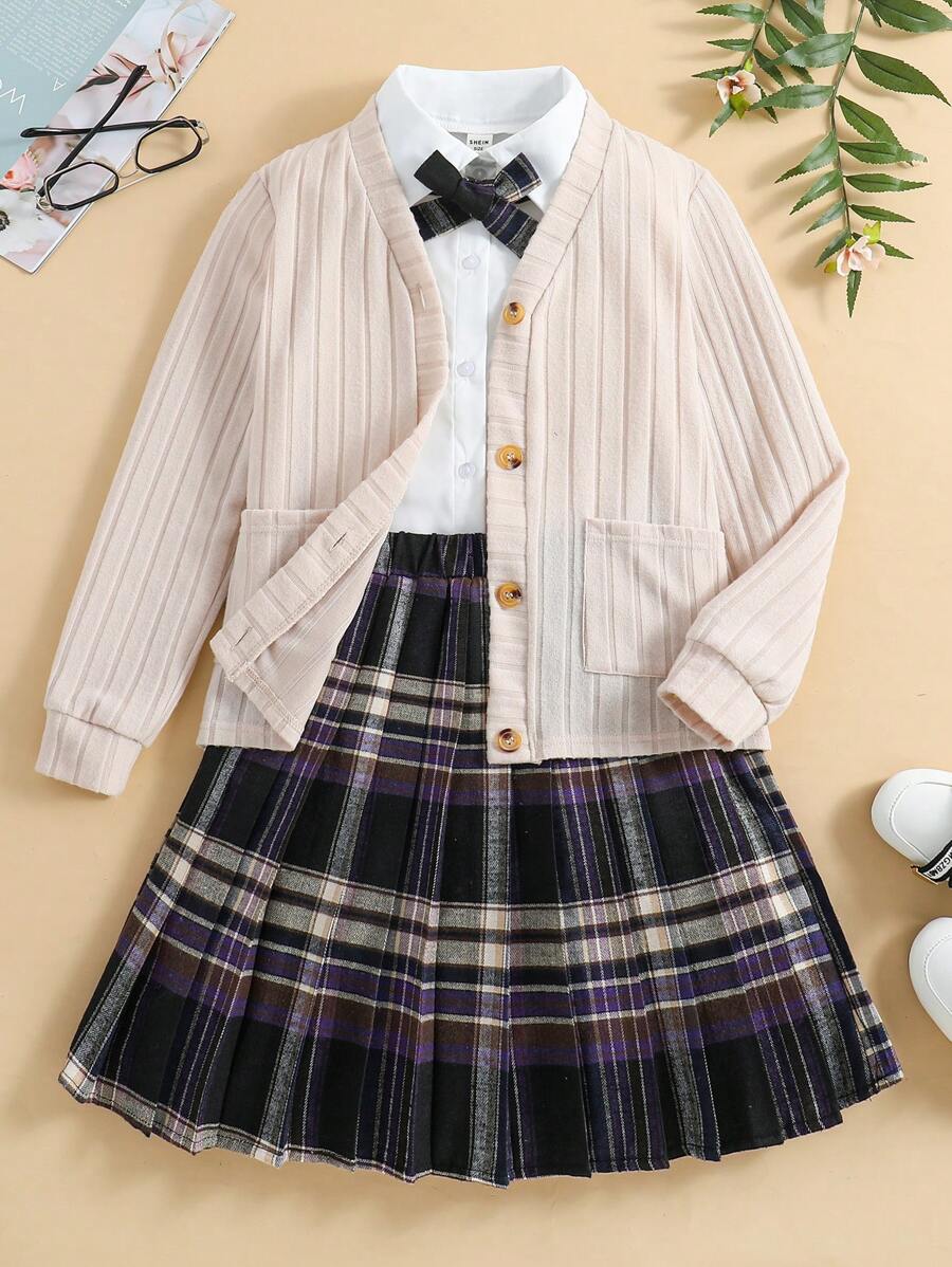 SHEIN Explorewe Conjunto de niña preadolescente con chaqueta con doble bolsillo y abotonadura, falda plisada a cuadros y blusa de manga corta con lazo - Blanco - Ver 1