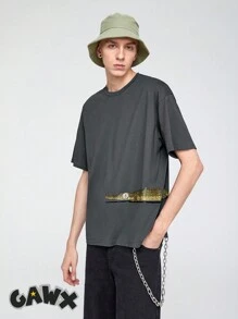GAWX Artist 男式卡通鳄鱼印花落肩 T 恤 - 深灰色 - 查看 1