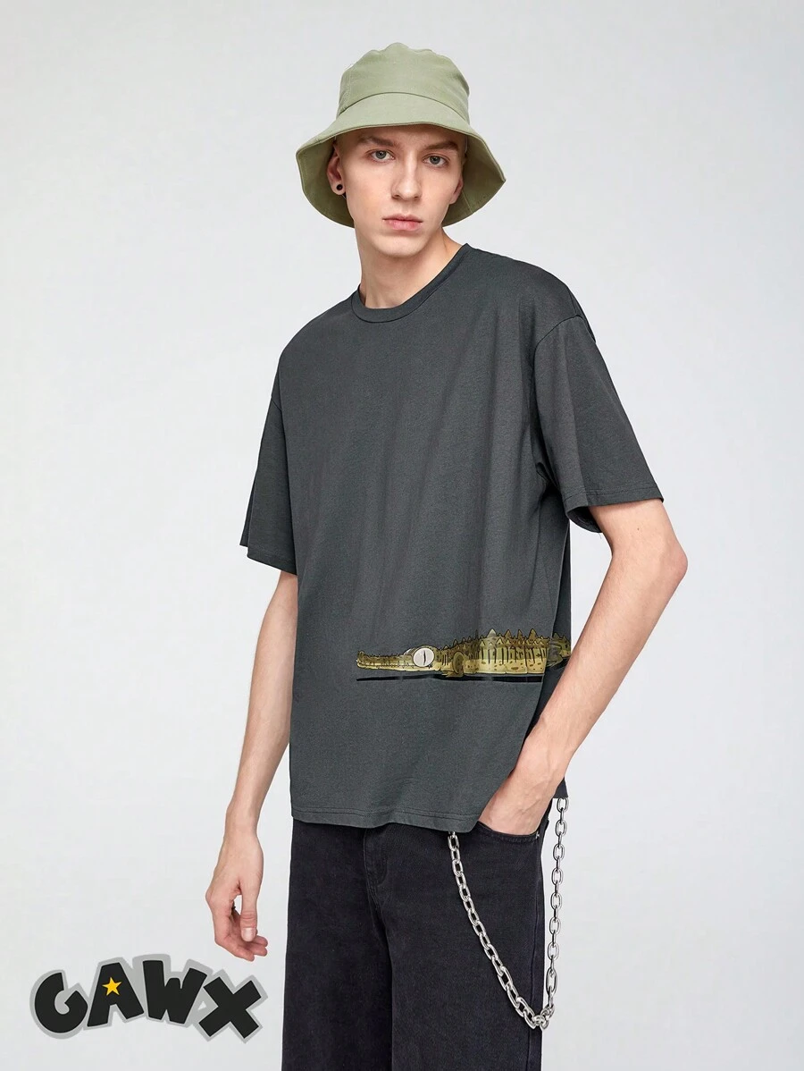 GAWX Artist 男式卡通鳄鱼印花落肩 T 恤 - 深灰色 - 查看 1