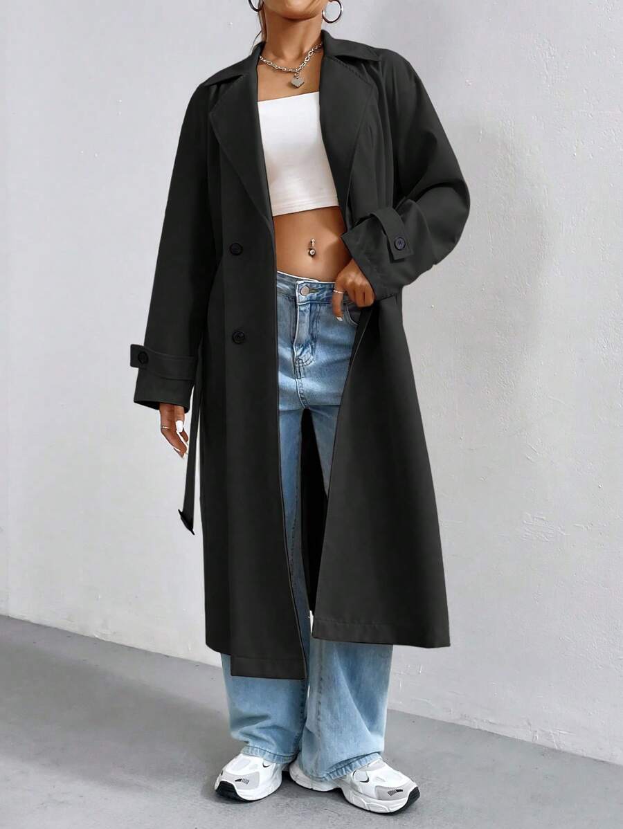 SHEIN Unity 女性翻領雙排扣風衣 - 黑色 - 查看 1