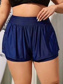 SHEIN Swim Curve Summer Beach Plus Size Wide Waistband Solid Color Swim Shorts - Navy Blue - View 1