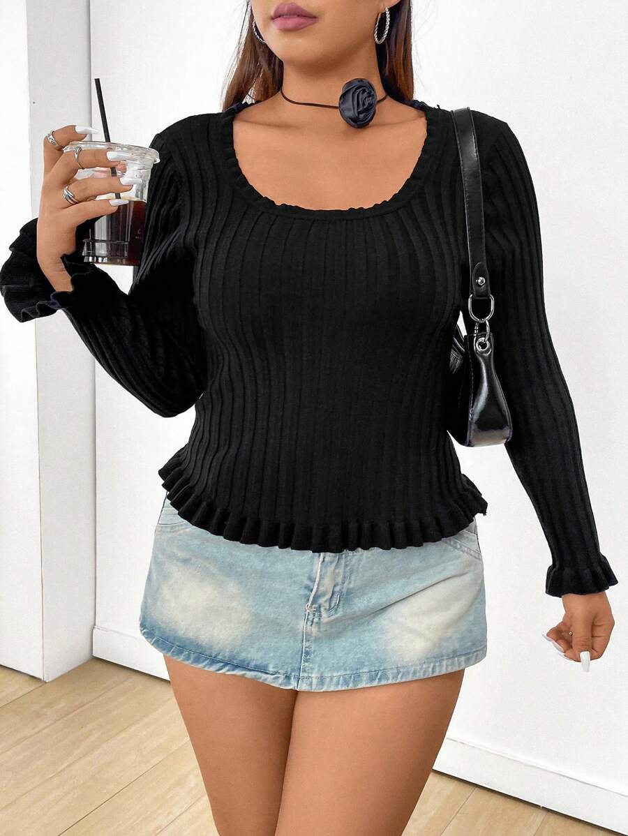 Flirla Áo len tay chuông màu trơn cỡ lớn, kiểu dáng chui đầu, thích hợp cho mùa thu đông. - màu đen - Xem 1