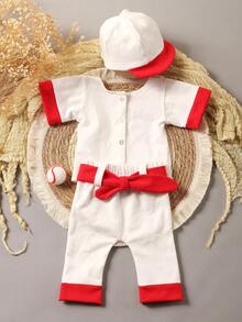 Bé trai sơ sinh Nhiếp ảnh Viền tương phản Áo thun & Thắt lưng Quần & Phụ kiện Mũ - trắng - Xem 8